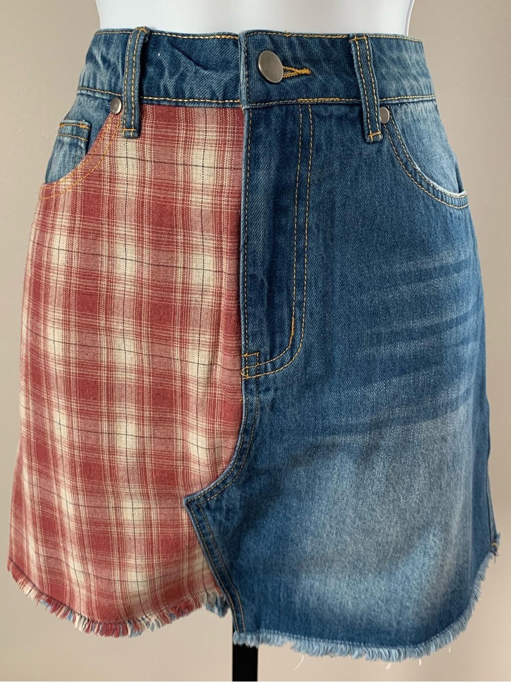 NWT easel Blue Denim & Red Plaid A-Line Mini Skirt